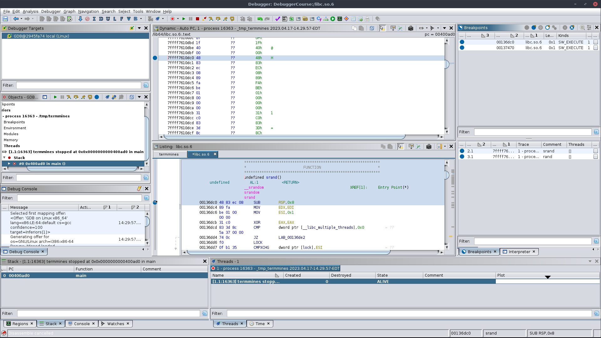 The debugger tool with breakpoints synchronized after importing libc